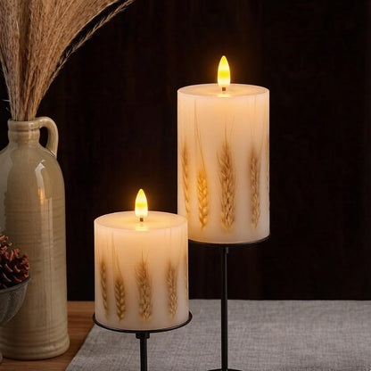 Remineux Flameless LED Candle with Embedded Natural Wheat, Battery-Operated Real Wax Pillar Candle, Flickering Flame Effect, Remote Control, Rustic Farmhouse Decor, Unscented, White (3.25 * 6in)