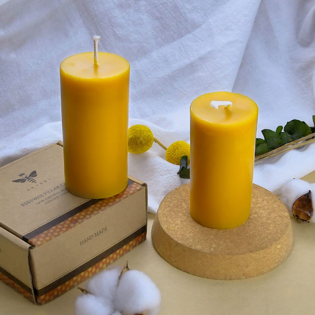 DEYBBY 2x4 inch Natural Beeswax Pillar Candle Set of 2, Smokeless Dripless Pure Organic Beeswax Candle with Natural Scent for Home Decor Blackout Housewarming Party Event, Long Burn, Yellow