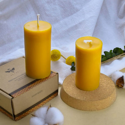 DEYBBY 2x4 inch Natural Beeswax Pillar Candle Set of 2, Smokeless Dripless Pure Organic Beeswax Candle with Natural Scent for Home Decor Blackout Housewarming Party Event, Long Burn, Yellow