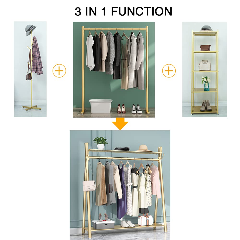 MAIKAILUN Clothes rack Gold, Freestanding Industrial Garment Rack with Double shelves Multi-functional Bedroom Hanging Clothing Rack,Heavy Duty Coat Rack Organizer for Bedroom Shoes 1 pack (39'' L)