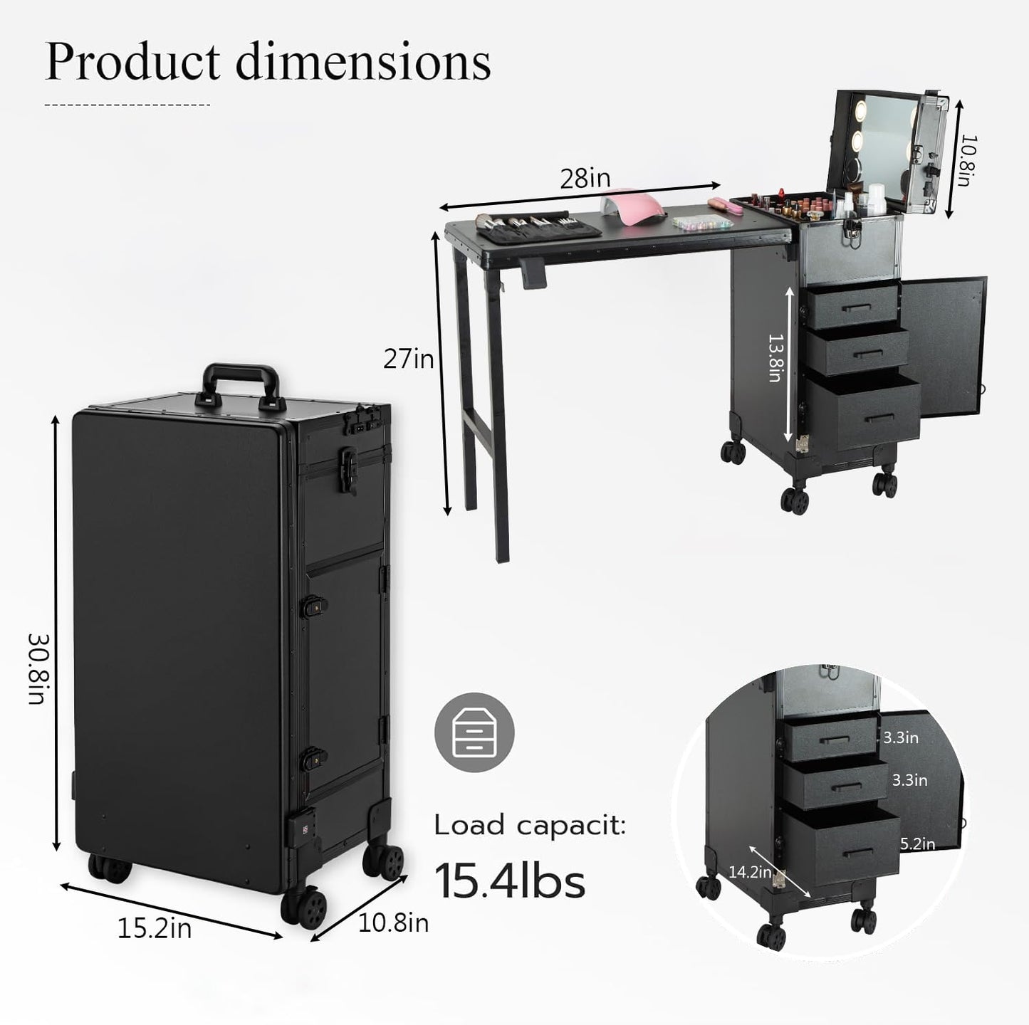Gdsshuhung Portable Nail Desk with LED Mirror, Heavy Duty Foldable Manicure Table with 3 Drawers, Rolling Makeup Train Case Cosmetology Trolley on Wheels, Mobile Nail Tech Workstation (Black)