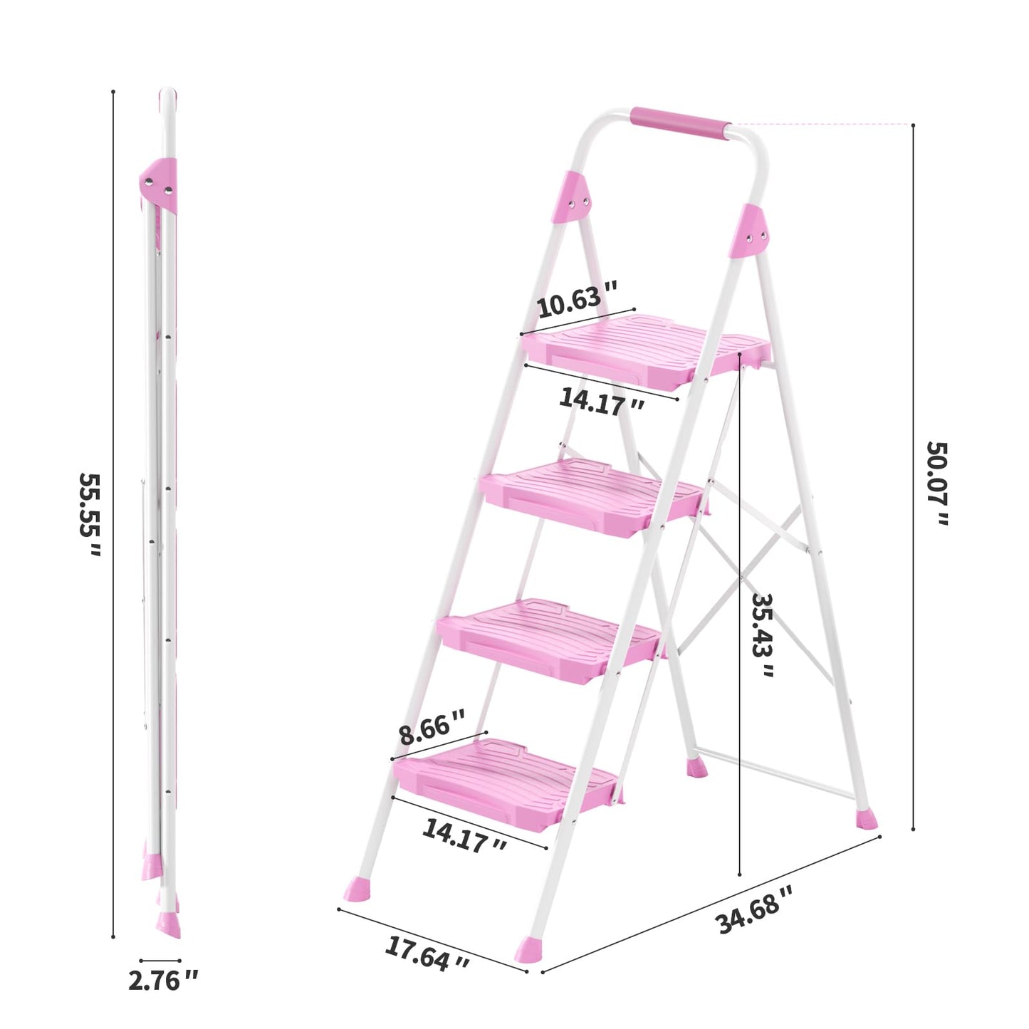 KINGRACK 5-Step Ladder with Tool Platform, 4-Step Pink Ladder, Sturdy and Foldable Step Stool for Home Garage Office