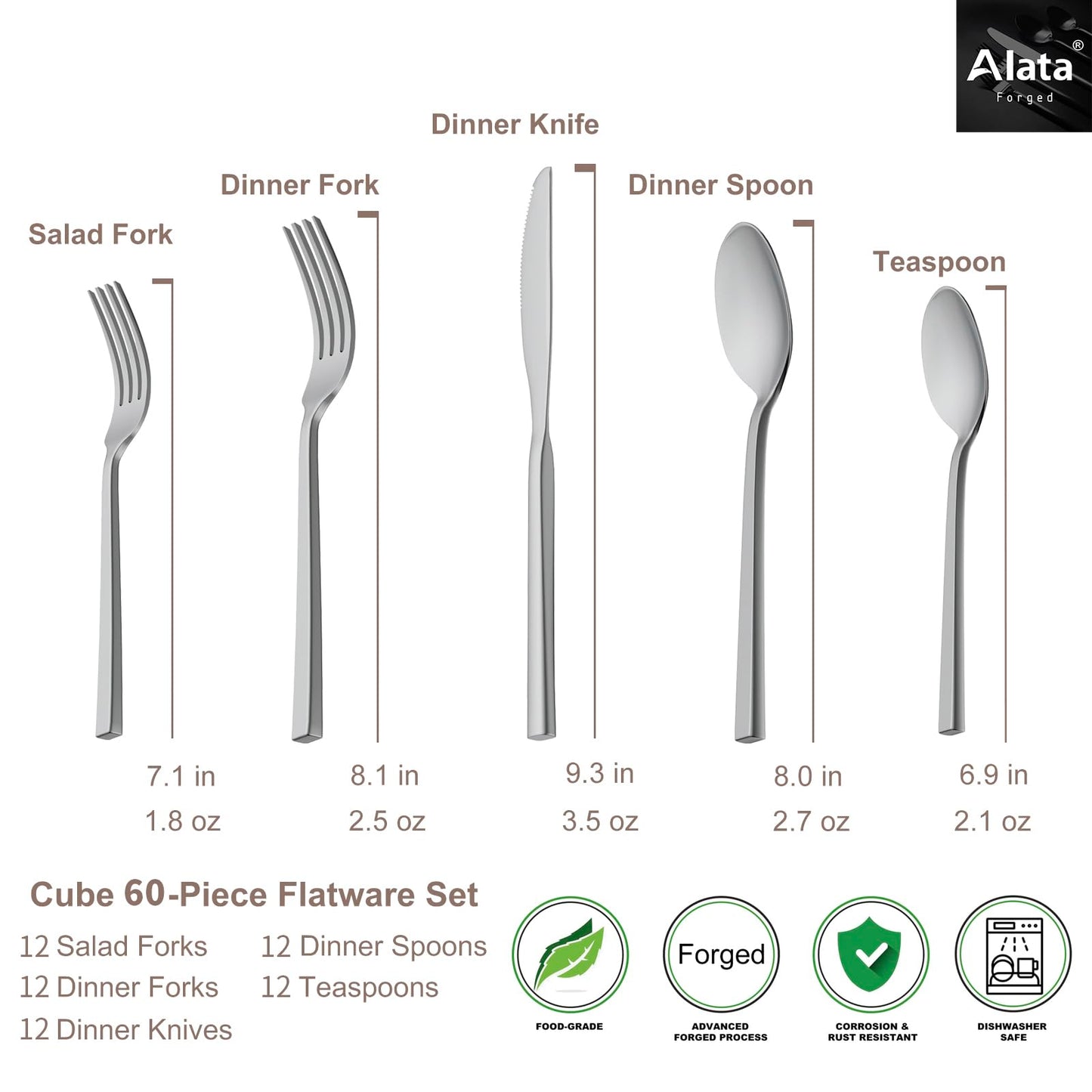 Alata Cube 60-Piece Forged Stainless Steel Flatware Set Cutlery Set, Silverware Set Service for 12, Mirror Finish, Dishwasher Safe