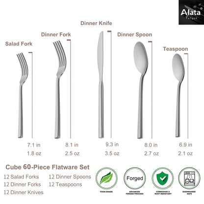 Alata Cube 60-Piece Forged Stainless Steel Flatware Set Cutlery Set, Silverware Set Service for 12, Mirror Finish, Dishwasher Safe