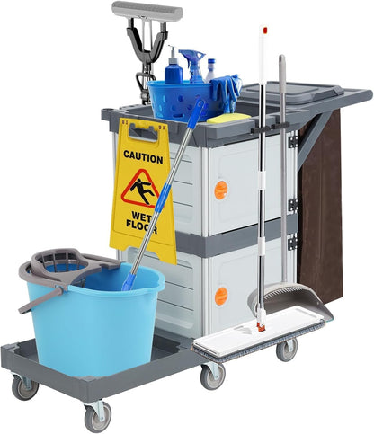 Commercial Janitorial Cart with 2 Cabinet, Cleaning Cart On Wheels, Housekeeping Caddy with Cover, Shelves, and Vinyl Bag, Hotel Housekeeping Room Hand Push Utility Service Cart