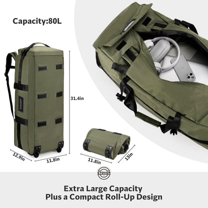 STOVER 45/80/100L Rolling Duffel Bag with Wheels, Large Durable Travel Duffle + Toiletry Bag, Heavy Duty, Packable, Foldable with Shoulder Straps- Use as Luggage or Backpack, Men/Women (Green)