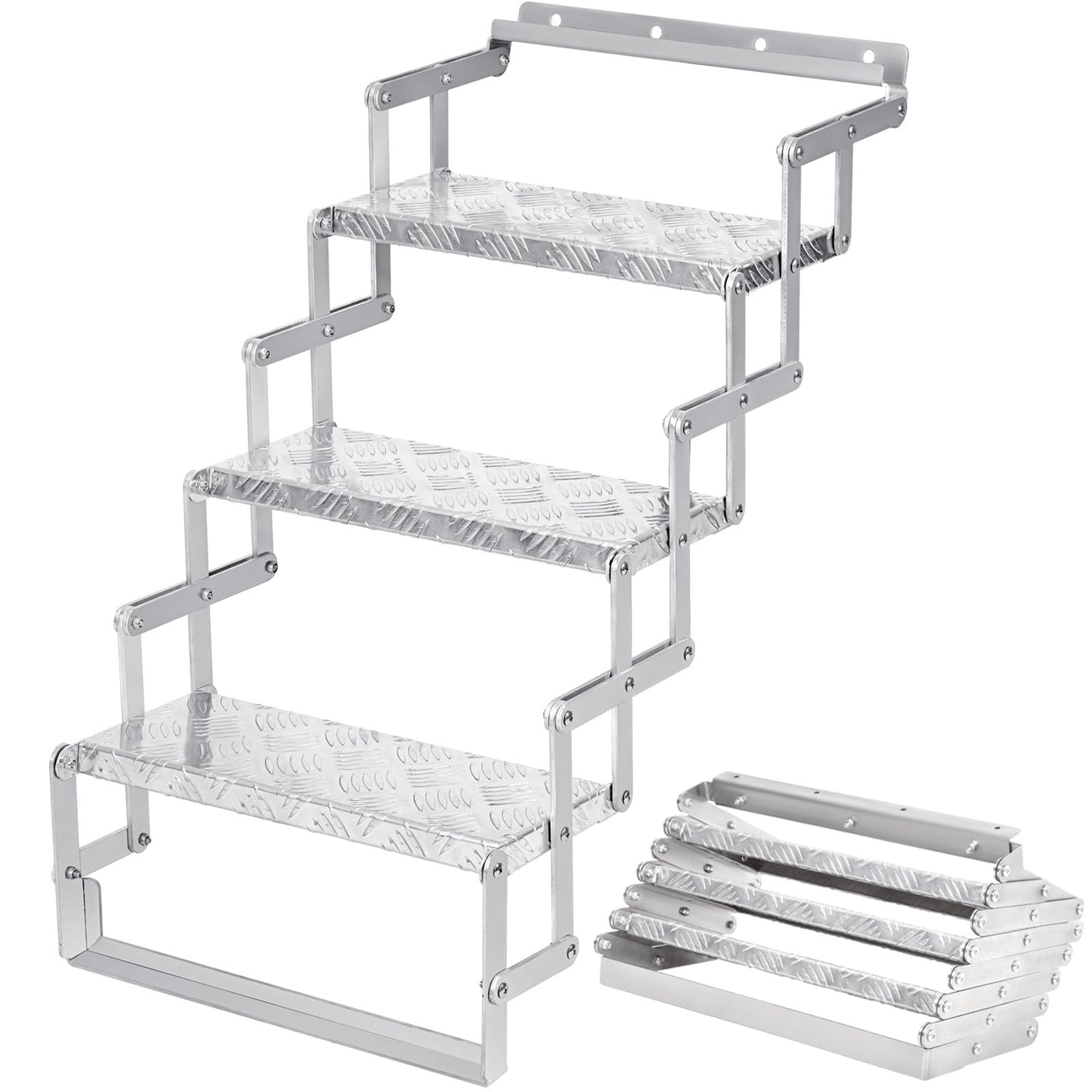 KodMtiz Aluminum Scissor Stairs, 3 Steps Outdoor RV Step Ladder, 18" Wide Camper Stair Ladder with Anti-Slip Surface, Portable Stairs for Travel Trailer, Silver
