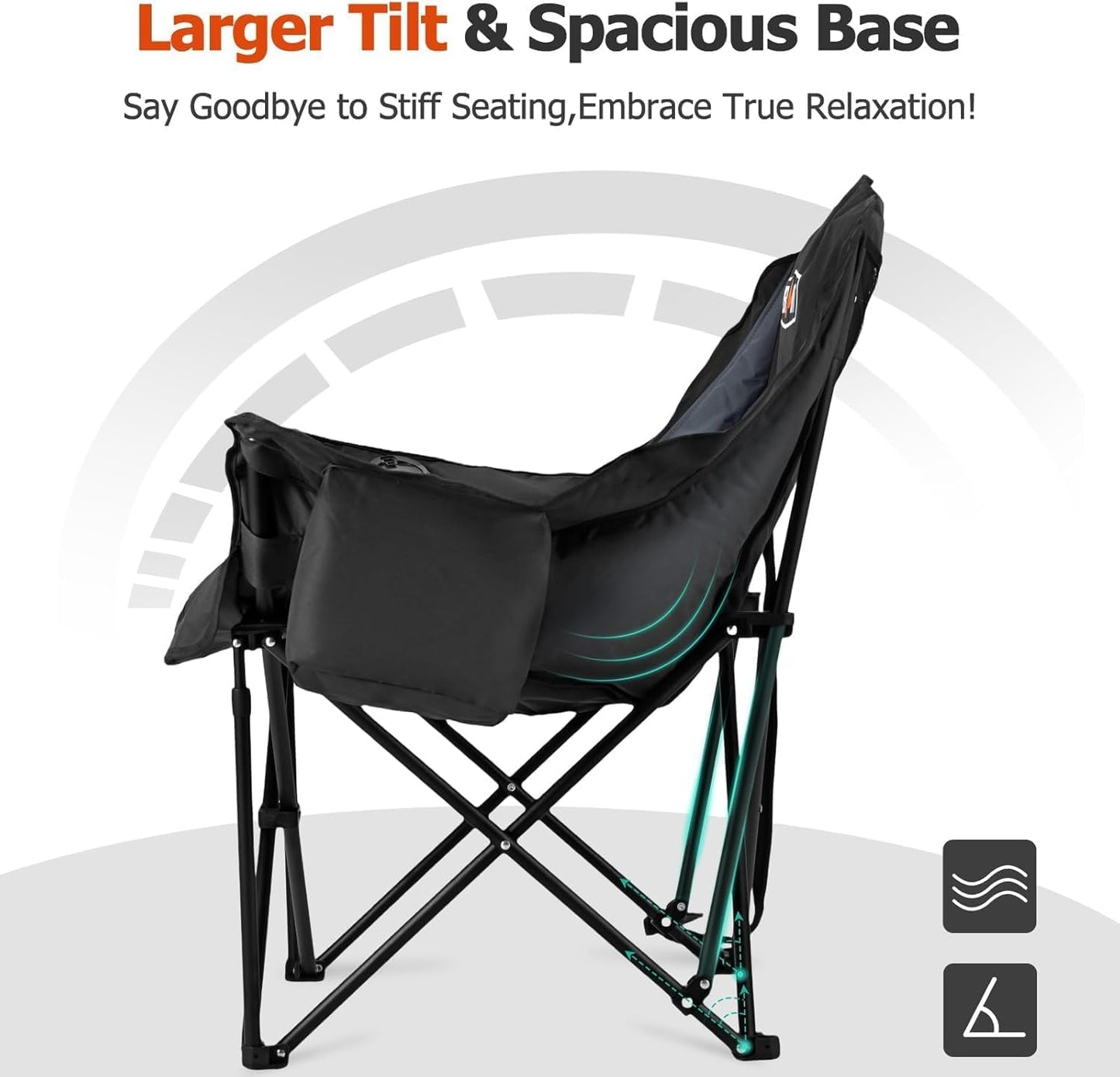 Overmont Oversized XL Camping Chair for Adults - 500lbs Support Heavy-Duty Padded Folding Chair with Side Pocket Cup Holder Cooling Bag for Outdoor Sports Garden Beach Fishing Lawn Black 2pcs