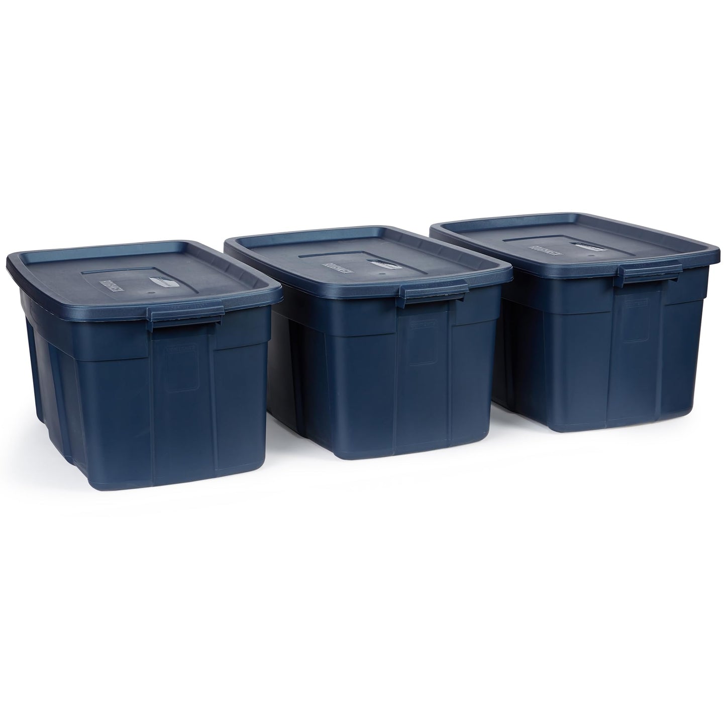 Rubbermaid Roughneck Tote 31 Gal, 3 Pack, Made in USA, Dark Indigo Metallic, Rugged Plastic Stackable Storage Bins with Lids and Handles