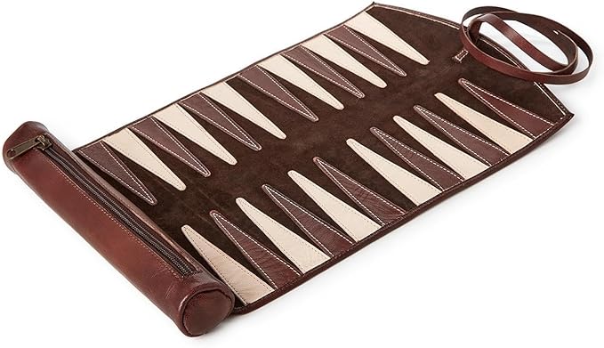 Two's Company Roll-Up Portable Genuine Leather Backgammon Game Set 12-Inch Chestnut