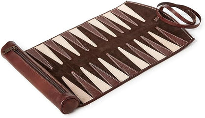 Two's Company Roll-Up Portable Genuine Leather Backgammon Game Set 12-Inch Chestnut
