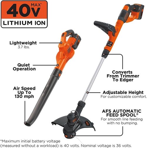 BLACK+DECKER 40V Max Cordless Sweeper & String Trimmer - Battery & Charger Included | Efficient Lawn Care