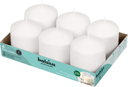 BOLSIUS 6 White Pillar Candles Bulk - 3x3 Inches Candle Set - 25+ Hours Clean Burning - No Palm Oil - 0% Animal Fat - Premium European Quality - Unscented Dripless Dinner Pillars