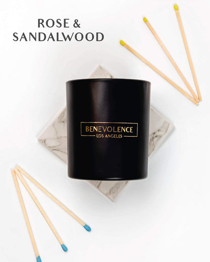 Benevolence LA Rose & Sandalwood Scented Candle | Soy Christmas Candles, Black Candle for Home | Holiday Candles Gifts for Women and Men | Home Fragrance | Aromatherapy | 8oz, 45 Hour Burn