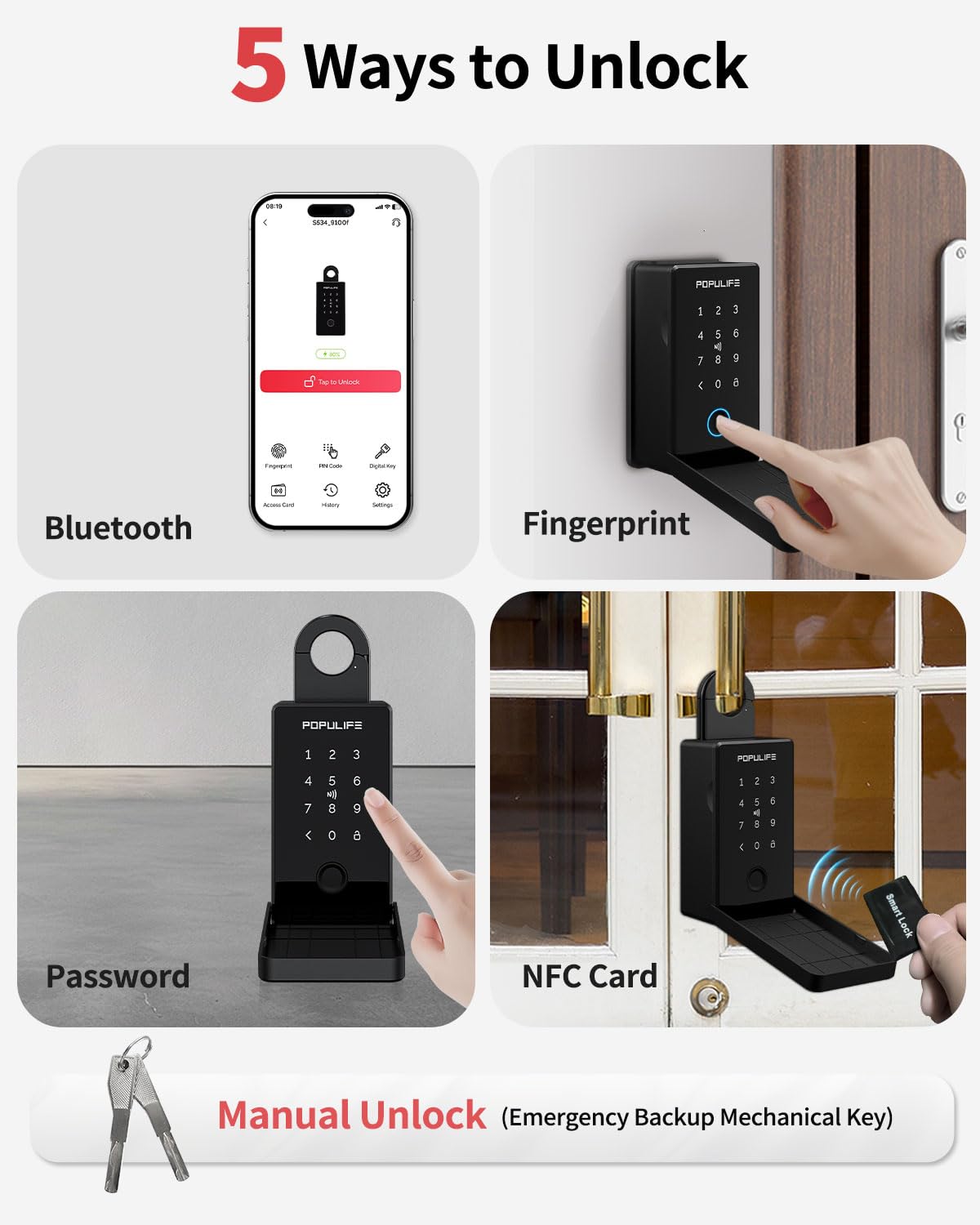 Populife Smart Fingerprint Lock Box for Keys with Code, Wireless Remote Access Key Lock Box for Outside, Digital Key Lockbox for Realtor Airbnb, Work Offline