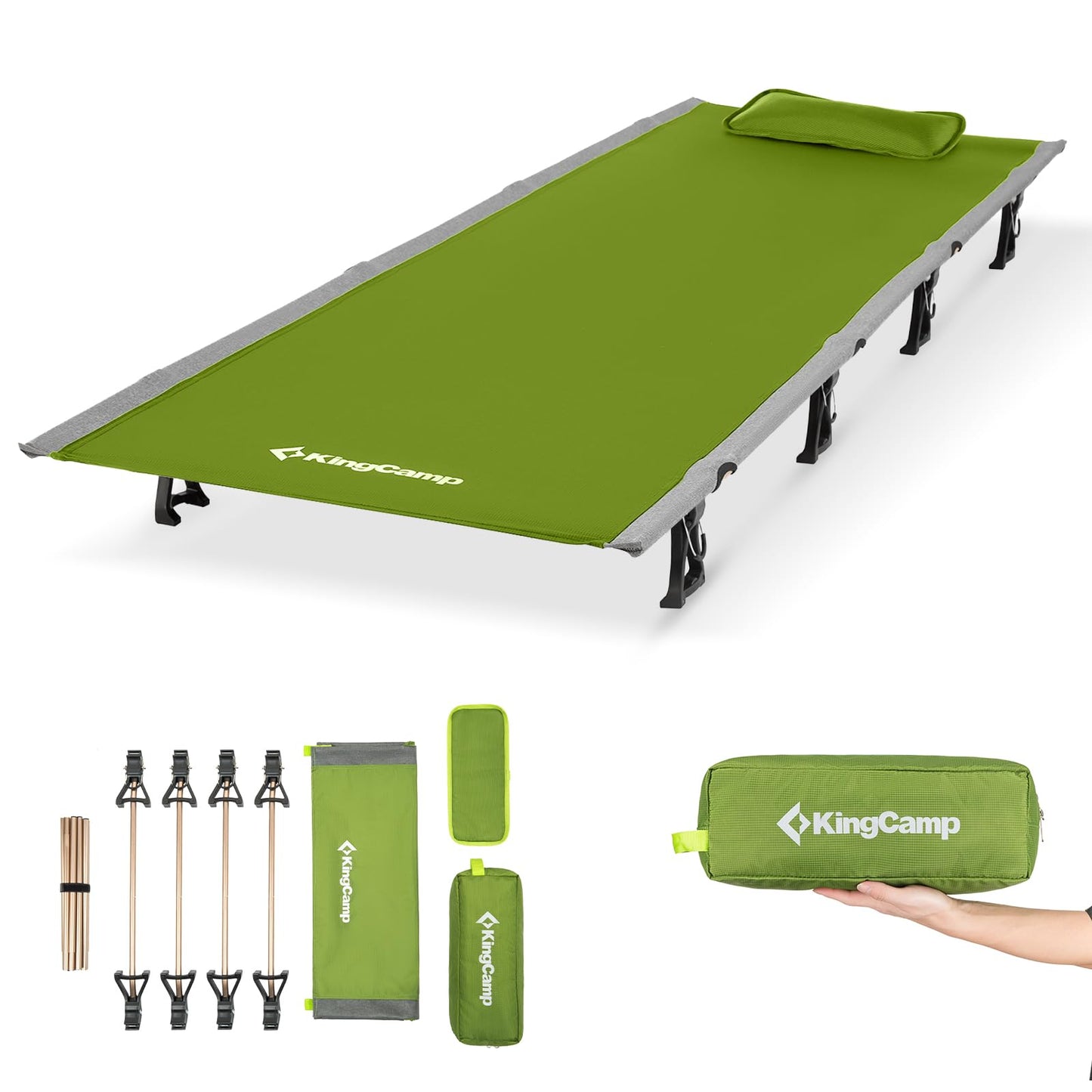 KingCamp Ultralight Camping Cot, Portable Folding Tent Camping Cot, 265 Lbs Heavy Duty Sleeping Cot with Pillow for Adults Outdoor Backpacking Travel Hiking, Green
