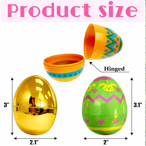 GiftExpress 36 Pcs Jumbo Printed Easter Eggs, Large Golden Hinged Eggs 3” , Church Eggs Hunt, Basket Fillers, Filling Treats for Party Favor, Classroom Office Prize