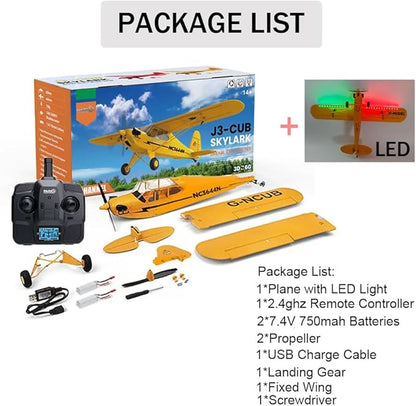 J3-CUB RC Plane 5CH Remote Control Airplane for Adults 1406 Brushless Motor Outdoor 3D6G Fixed Wing Stunt RC Aircraft with Replaceable Parts (Yellow 2B+LED)