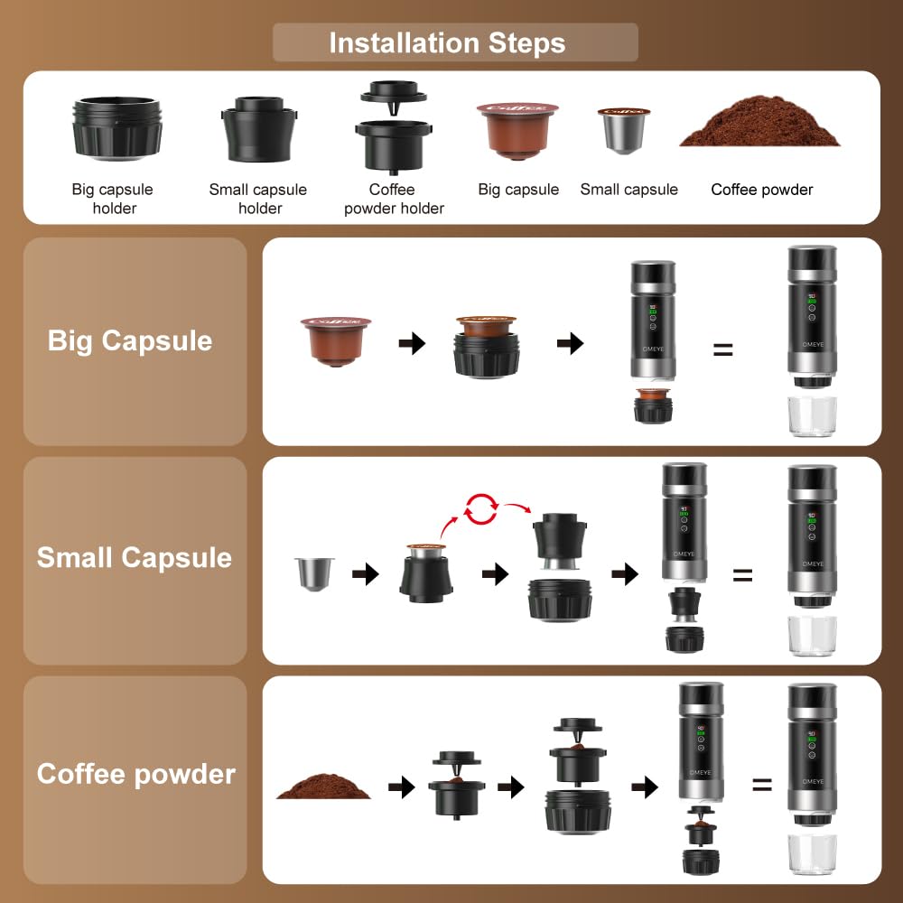 OMEYE Portable Espresso Maker for Camping Travel Office – 20 Bar Self-Heating Cordless Coffee Machine, LED Display, Dual 7500mAh Battery, USB-C, Compatible with Small/Large Capsules & Ground Coffee