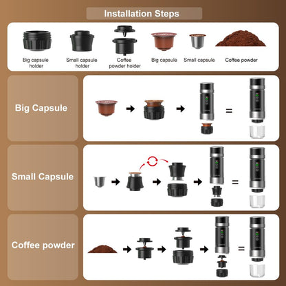 OMEYE Portable Espresso Maker for Camping Travel Office – 20 Bar Self-Heating Cordless Coffee Machine, LED Display, Dual 7500mAh Battery, USB-C, Compatible with Small/Large Capsules & Ground Coffee