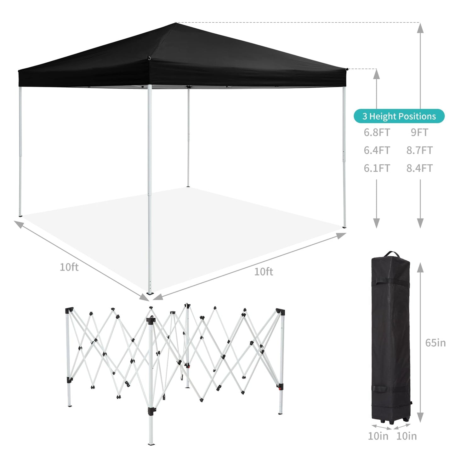 10 x 10 FT Pop Up Canopy, 3 Height Adjustable Instant Canopy with Mosquito Netting, Portable Screen Shelter with Wheeled Carry Bag, Heavy Duty Sun Shade for Patio, Backyard, Black