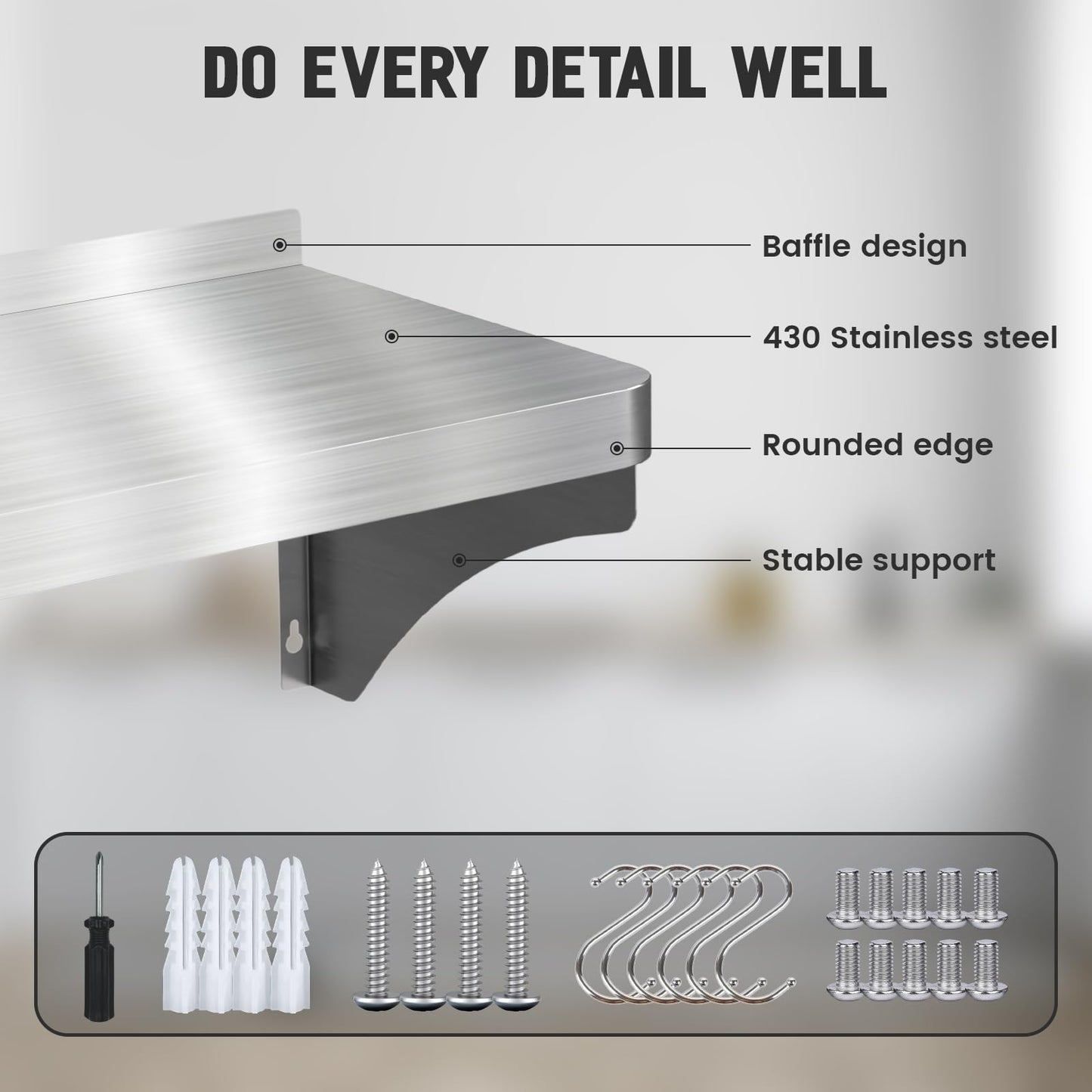 VENFAN Commercial Stainless Steel Shelf 36" x 12" - 250lb Load Capacity, Heavy Duty Stainless Steel Wall Mounted Kitchen Shelf with Backsplash & 6 Hooks for Restaurant, Laundry
