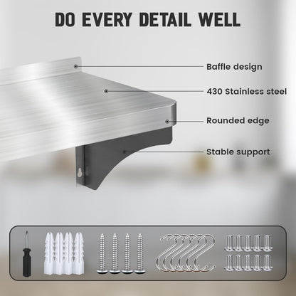 VENFAN Commercial Stainless Steel Shelf 36" x 12" - 250lb Load Capacity, Heavy Duty Stainless Steel Wall Mounted Kitchen Shelf with Backsplash & 6 Hooks for Restaurant, Laundry