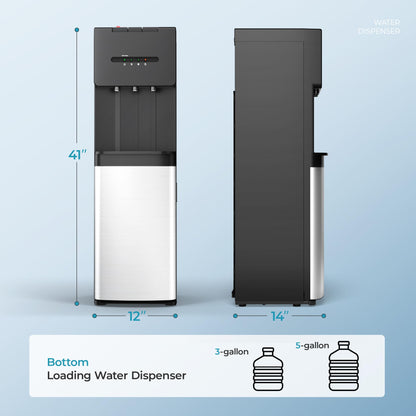 EUHOMY Self Cleaning Bottom Loading Water Dispenser for 3 or 5 Gallon Bottles, Hot Cold and Room Water Cooler with Child Safety Lock, LED Indicator, Empty Bottle Alert, Home Office Apartment, Black