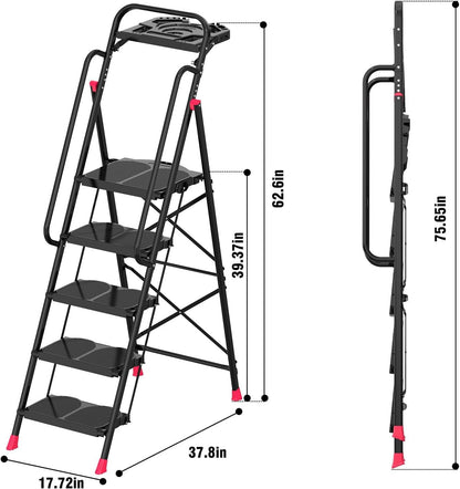 5 Step Foldable Step Ladder Stool with Roomy Tool Tray and Secure Handrail, Foldable Platform Ladder 5 Step Folding Stepstools with Wide Pedals and 800lbs Weight Capacity for Adults, Home, Kitchen