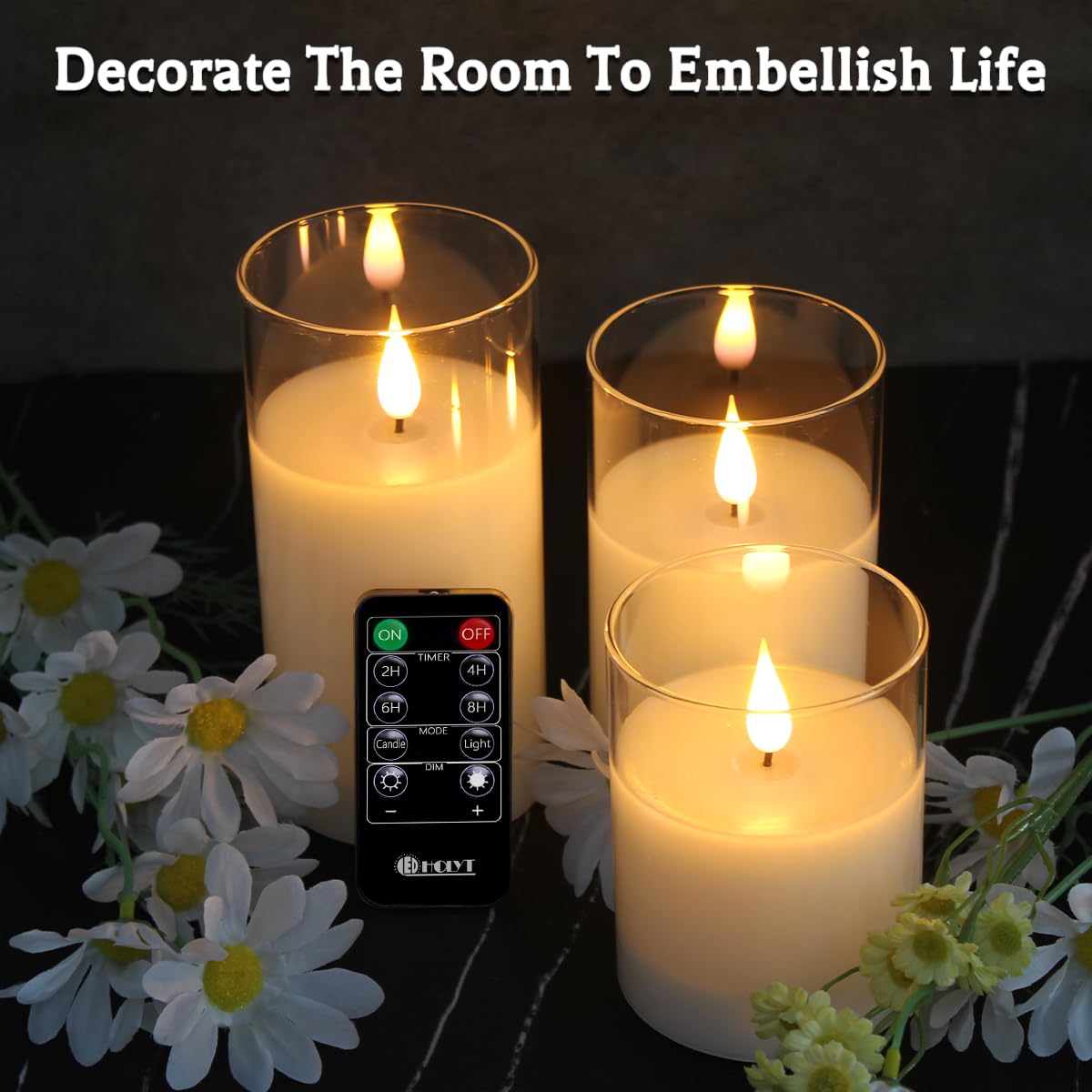 LEDHOLYT Rechargeable Flameless Glass Pillar Candles–Gifts for Women,–Set of 3, Realistic Flickering LED Light,Remote & Timer, Ideal for Living Room, Bedroom & Festival Wedding Home Party Decor