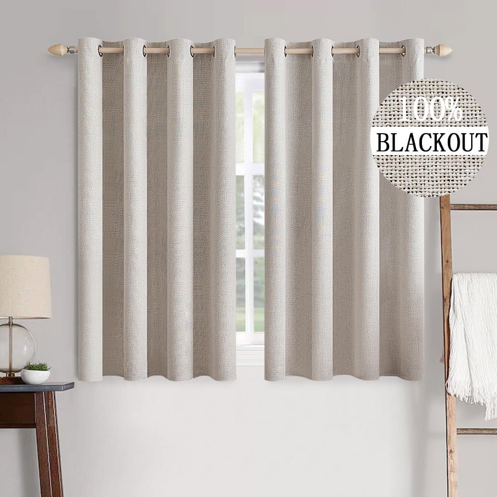 MIULEE 100% Blackout Linen Textured Curtains - Thermal Insulated Ivory Drapes | Luxury Room Darkening 52 x 45 Inch (2 Panels)