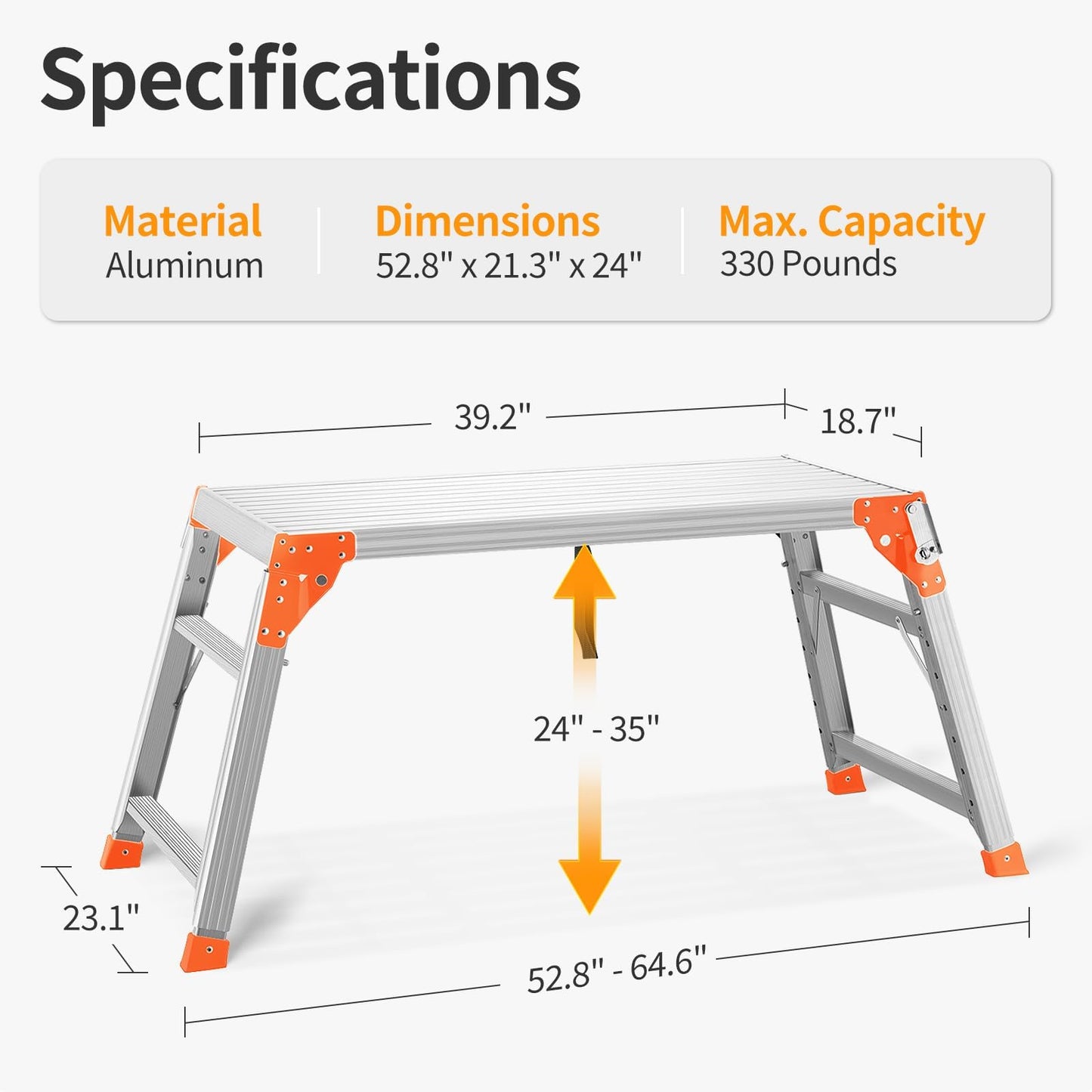 SHANTRA Multifunctional & Adjustable Work Platform with 330 lbs Capacity, 24 to 35 inches Step Ladder, Aluminum Folding Scaffolding Ladder, Heavy Duty Portable Work Bench Stool with Non-Slip Feet