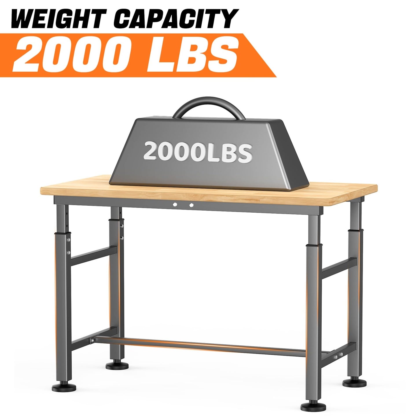 TORACK Adjustable Workbench with Rubberwood Top, 47.75" x 23.25" Heavy-Duty Garage Work Table, Height Adjustable 29"–41", Supports Up to 2000 lbs
