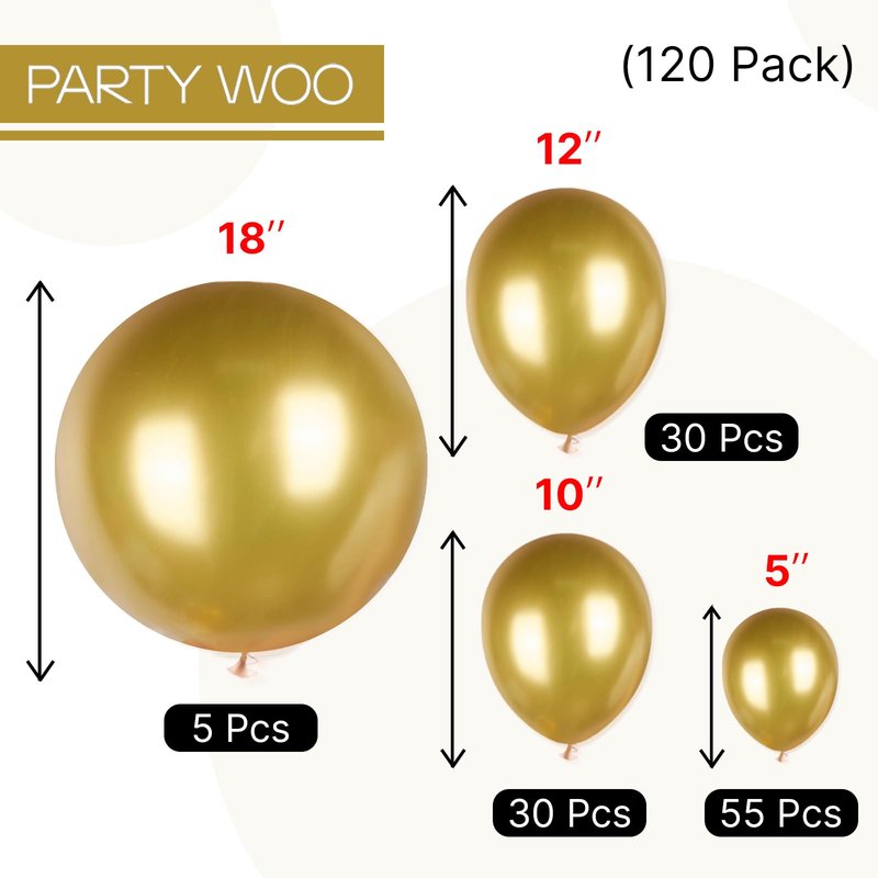 PartyWoo Gold Balloons 120pcs Different Sizes of 18 12 10 5 Inch Gold Balloon Arch Kit Garland for Birthday Wedding Anniversary Baby Shower Graduation Retirement Casino Party Decorations Gold-G101