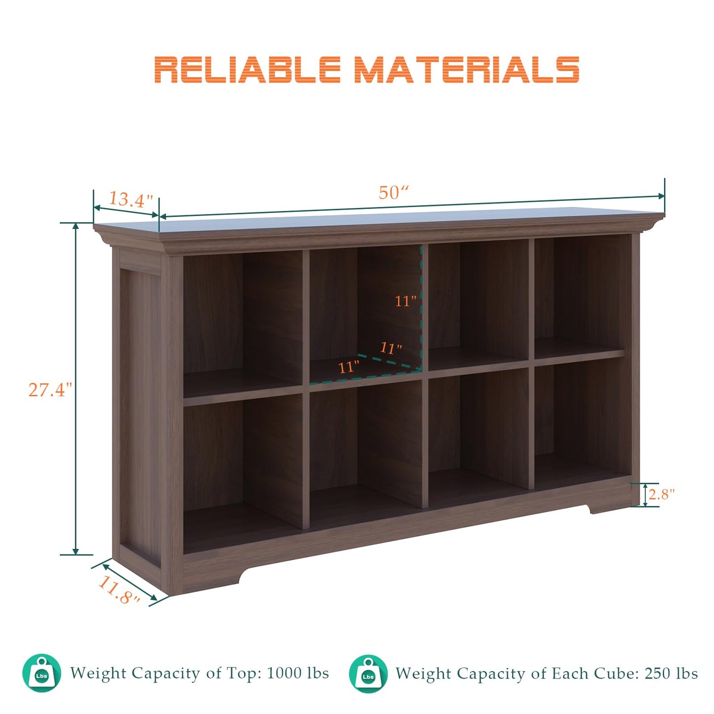 OSCHF Cube Shelf Bookcase with Base - Wooden 2 Tiers Floor Standing Low Storage Cabinet for Home and Office, 8-Cube Lattice Bookshelf, Walnut