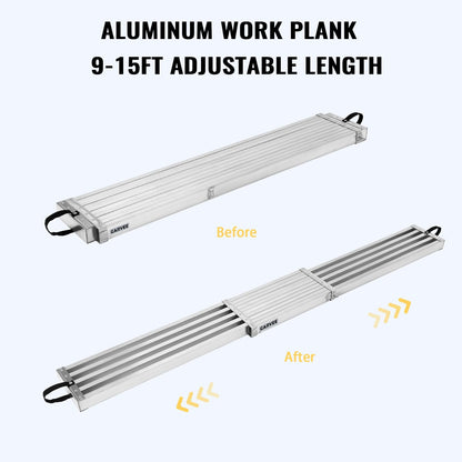 Garvee 9-15Ft Telescoping Plank, Aluminum Work Plank, 440Lbs Capacity, Aluminum Scaffolding Plank with Skid-Proof Platform Scaffold Ladder Accessory (9-15FT - Sliver)