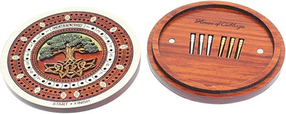 House of Cribbage - 2 Track 60 Points - Tree of Life Inlaid Wooden Travel/Pocket Size Cribbage Board - Size 4 Inch (Maple Wood/Blood Wood)