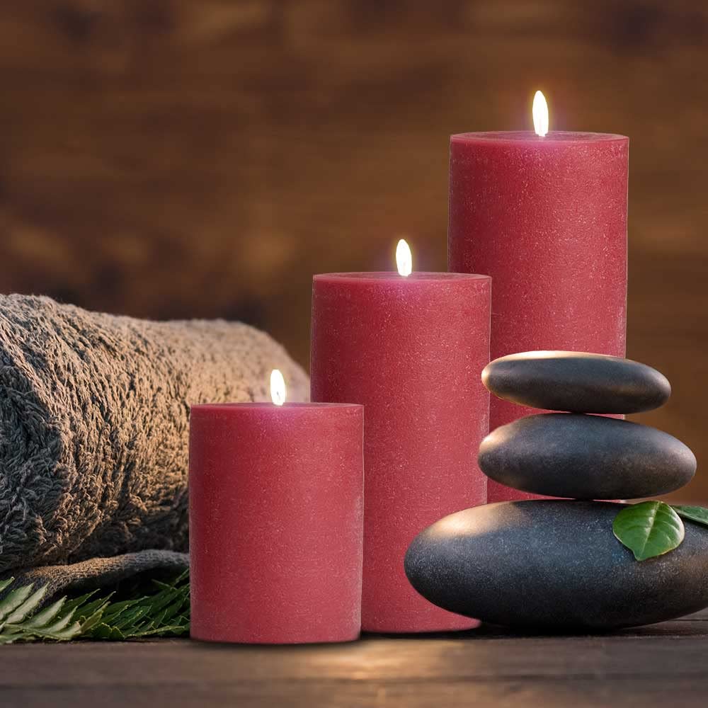 BASK Mottled Pillar Candles - Unscented Burgundy Candles Set of 3 - Dripless, Smokeless for All Occasions