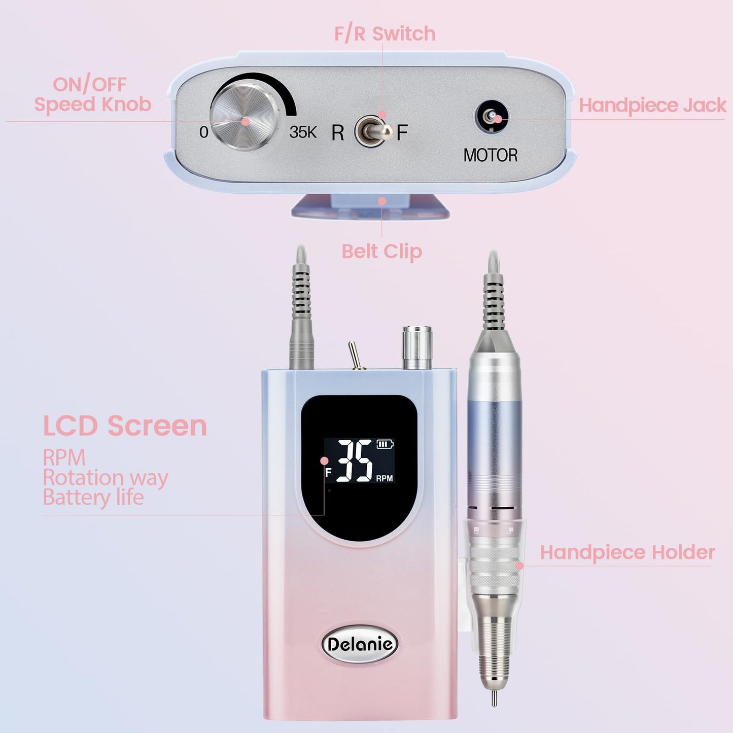 Delanie Professional Nail Drill High Torque 35000 RPM Rechargeable Portable Electric Nail File Filer for Acrylic Gel with Cuticle Bits, Salon Manicure Tool, Purple