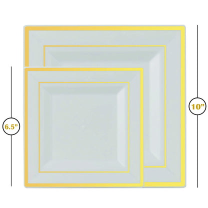 Gold Disposable Plates Set For 50 Guest - 350 Piece Gold Plastic Dinnerware Set - 100 Gold Rimmed Square Plastic Plates, 50 Gold Rimmed Plastic Cups, 50 Paper Napkins, 50 Gold Silverware Set