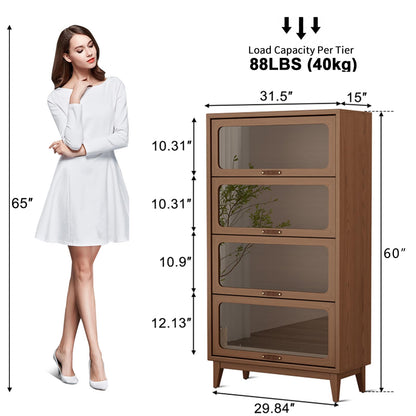 AnywaysWood 4-Layer Natural Wood Finish Solid Wood Bookcase 4-tire with Tempered Glass Flip-Up Doors,60Hx13.7Dx32W Bookshelves Finish Cube Storage Organizer