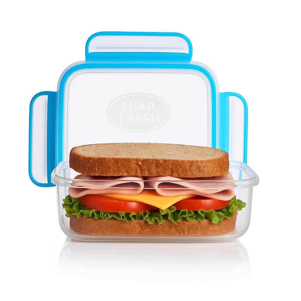 Snap Fresh - 4 Pack of Fun Size Leakproof Sandwich Containers - Reusable, BPA Free Sandwich Boxes. Airtight Seal. Also Great for Salads, Snacks, Fruit, Treats and Food Storage.