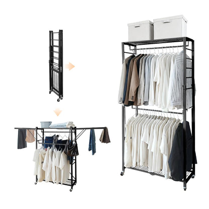 lumizone Folding Clothing Rack with Wheels Expandable Wardrobe Portable Clothes Rack for Hanging Clothes Adjustable Closet Shelves Garment Rack Durable Closet Racks for Hanging Clothes (Pro Black)