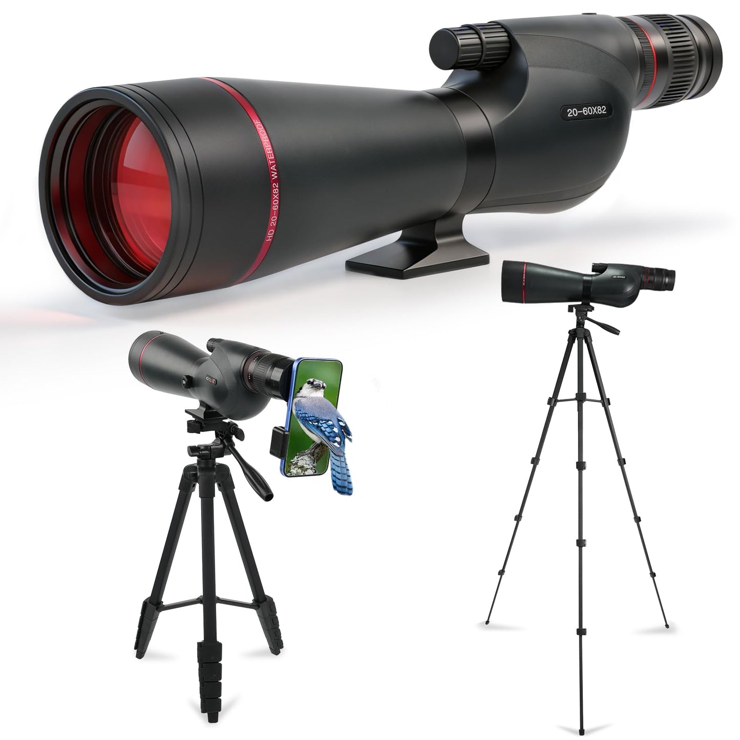 BOSTRON 20-60x82 Spotting Scopes with Full Size Tripod & Phone Adapter, Upgraded Eyepiece Low Light Vision FMC BAK4 IPX7 Waterproof Straight Spotter Scope for Bird Watching Hiking Outdoor Observation