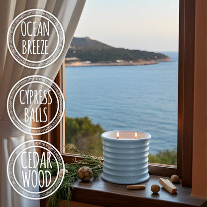 Annex Sea Breeze and Cypress Balls Luxury Scented Candle - 8oz Handmade Blue Ceramic Jar Candle, 50hr Clean Burn, 100% Non Toxic Soy Wax, Aesthetic Home Decor Gift for Men and Women - Sandalwood & Oud