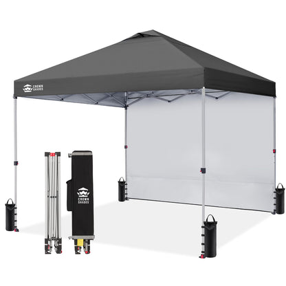 CROWN SHADES Pop Up Canopy with 1 Side Wall - Beach Tent with One Push Setup - Outdoor Sun Shade for Events, Parties, Camping - Gazebo with STO-N-Go Cover Bag, Grid Grey, 12x12FT
