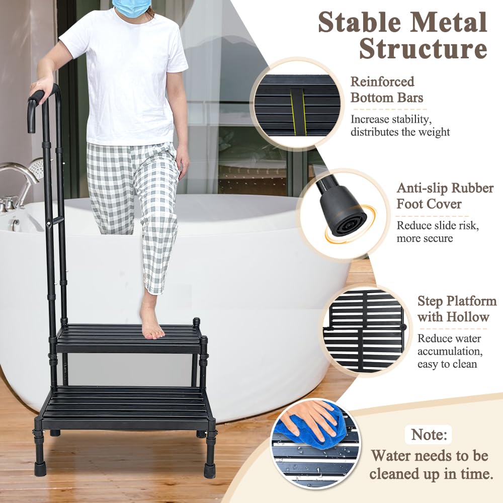 Bed Steps for High Beds for Adults Medical Step Stool with Handle Elderly Handicap Bedside Step Safety Car Step Stool with Handrail 2 Step Platforms Heavy Duty Foot Stool for RV, Kitchen, Bathtub