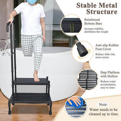 Bed Steps for High Beds for Adults Medical Step Stool with Handle Elderly Handicap Bedside Step Safety Car Step Stool with Handrail 2 Step Platforms Heavy Duty Foot Stool for RV, Kitchen, Bathtub
