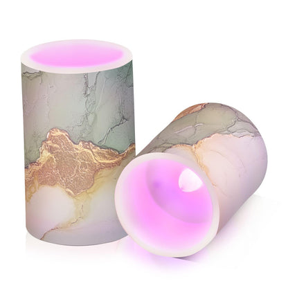 famyily Marble Sage Green Yellow Flameless Candles Led Pillar Candles with Remote Control for Living Room 4" 5" Set of 2