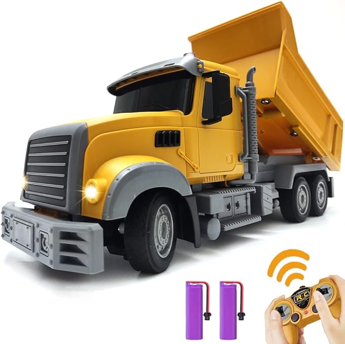 RC Dump Truck Toy for Kids - 6 Channel Remote Control Dump Truck with LED Lights RC Construction Vehicle Truck Toys with 2 Rechargeable Batteries Gifts Ideas for 3-8 Years Old Boys and Girls